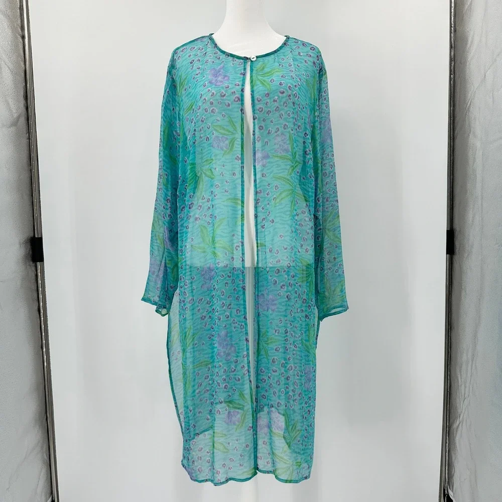 Robbie Bee 2 Piece Silk Dress Set Maxi Duster Teal Floral 18W Vintage 90's
